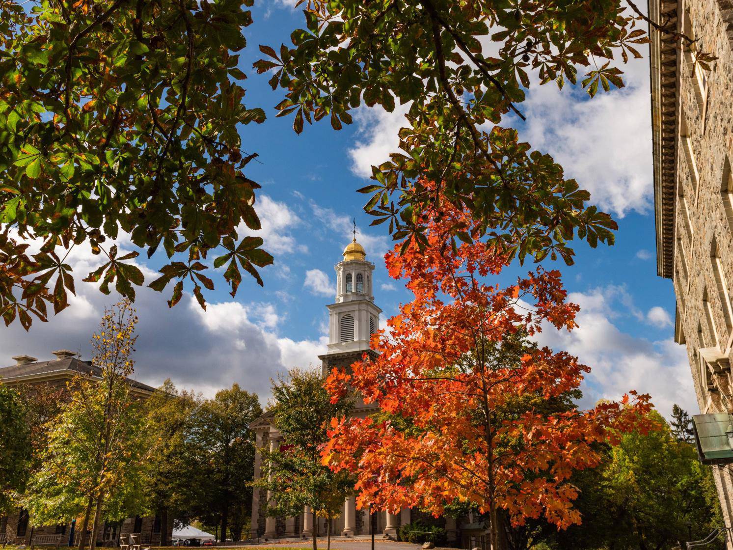 Colgate Memorial Chapel and autumn leaves