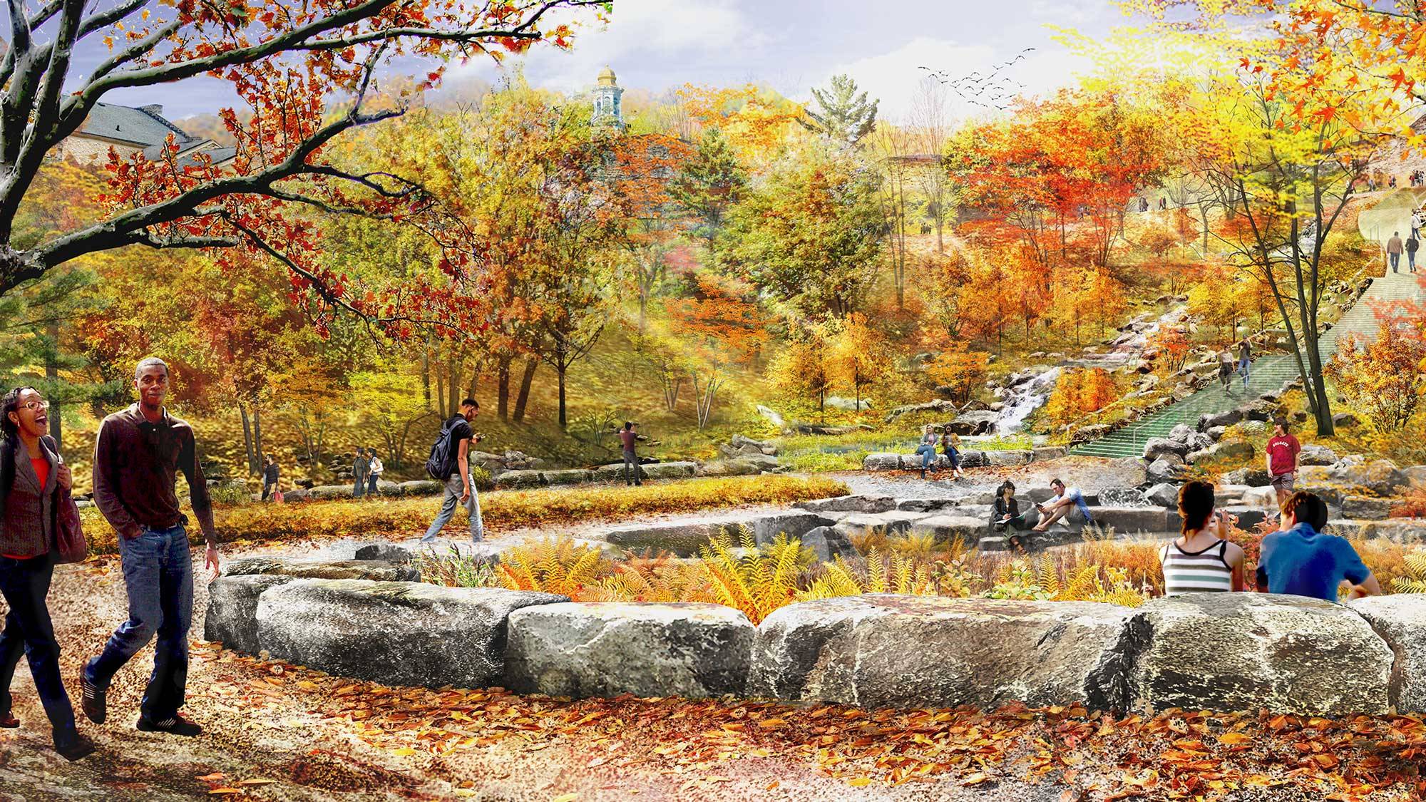 A concept rendering of what the bottom of the new campus glen will look like once complete. This view is of the area in between Ryan Studio and Dana Arts Center.